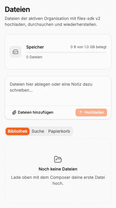 Der R2-Dateimanager mit Uploads, Bibliothek und Papierkorb.